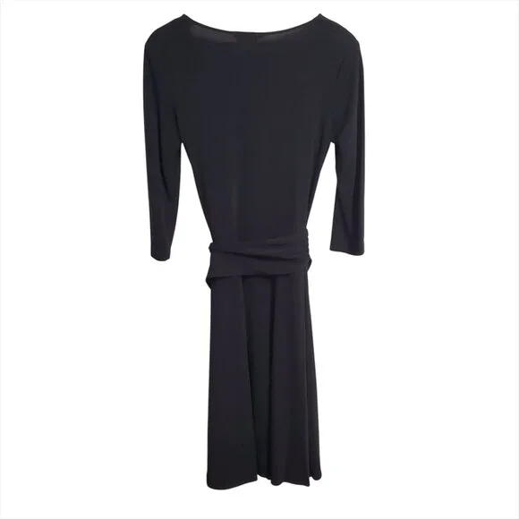 BCBGMaxAzria Black Faux Wrap Midi Dress M 3/4 Sleeve Tie Ruched Minimalist - Picture 3 of 12